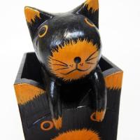 ペンホルダー ネコ 黒ネコ 木彫り アニマル アジアン雑貨 インドネシア ネコ取り外し