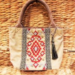 トートバッグ 可愛い エスニック ベージュ ビーズ 刺繍 インド製 ボヘミーノミニバッグ