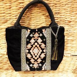 トートバッグ 可愛い エスニック ブラック ビーズ 刺繍 インド製 ボヘミーノミニバッグ