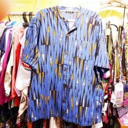 シャツ メンズ アフリカン スタンドカラー ブルー コットン インド製 アシリメンズシャツ