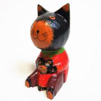 ネコ 置物 黒ネコの親子 木彫り オブジェ ブラック アジアン雑貨 アニマル親子