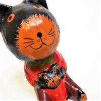 ネコ 置物 黒ネコの親子 木彫り オブジェ ブラック アジアン雑貨 アニマル親子