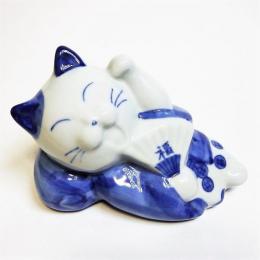ねこ 貯金箱 陶器 置物 玄関 縁起 猫寝姿貯金箱 藍色 インテリア雑貨