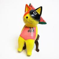 ネコ 置物 可愛い ミケネコ 木彫り アニマル 座る オブジェ フルーツアニマル スイカ