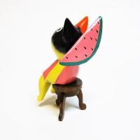 ネコ 置物 可愛い ミケネコ 木彫り アニマル 座る オブジェ フルーツアニマル スイカ
