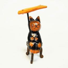 ネコ 置物 木彫り 可愛い アニマル ミニミニサイズ 傘さしアニマル 黒ネコ