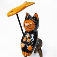 ネコ 置物 木彫り 可愛い アニマル ミニミニサイズ 傘さしアニマル 黒ネコ