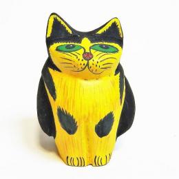 ネコ 置物 エスニック オブジェ インドネシア 木彫り おすましネコ 黄黒