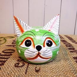 ネコ BOX 可愛い 小物入れ グリーン 木彫り 木製 エキゾチックネコ インドネシア 手作り