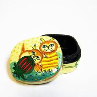 ネコ 小物入れ ペーパーマッシュ BOX ネコの絵 可愛い インド 手作り 西瓜と猫 Sサイズ