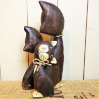 ネコ 置物 3匹セット 木彫り アニマル オブジェ ブラウン アジアン雑貨 はてなネコ