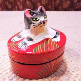 ネコ 小物入れ BOX ペーパーマッシュ 飛び出し猫 レッド 可愛い インド Sサイズ