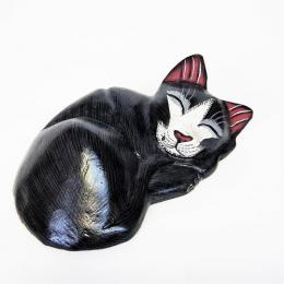 ネコ 置物 オブジェ 眠りねこ 黒ネコ 黒白 インドネシア 木彫り アニマル インテリア雑貨
